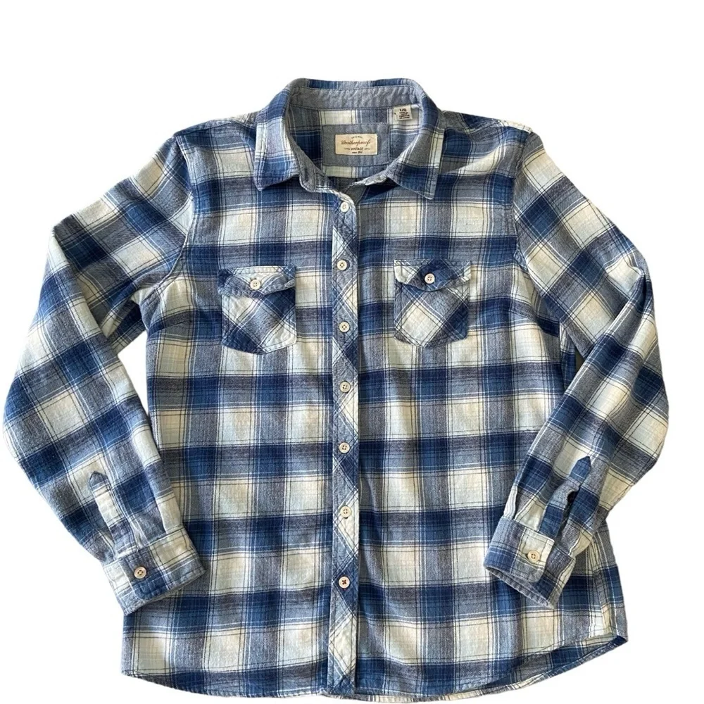 Weather proof Vintage flanel button down shirt white blue plaid pattern Large - Picture 9 of 12